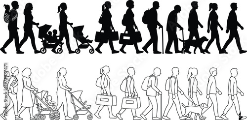 Diverse collection of people silhouettes and line art walking with strollers carrying bags and walking dogs for urban lifestyle.