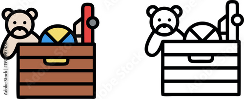 Teddy Bear and Ball in Wooden Toy Box