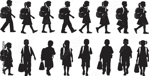 School children silhouette vector illustration set, featuring young boys and girls walking with backpacks, going to class, black shape graphics.