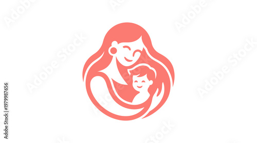 Mother and Child Hug Icon: Minimalist Vector Illustration Representing Maternal Love, Family Care, and Parenting Bond on White Background
