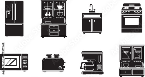 Kitchen appliances and furniture vector icon set, black silhouettes including refrigerator, stove, microwave, sink, toaster, coffee maker, and storage cabinets.
