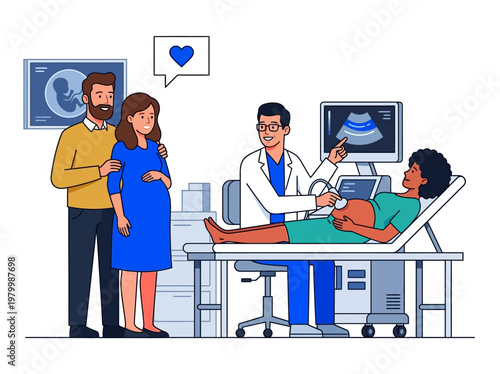 Prenatal Ultrasound Scan in Medical Clinic with Doctor and Expectant Couple Illustration