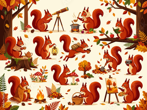 Set of Cute Red Squirrels Engaged in Various Autumn Activities, Illustration of Woodland Animals in Fall Forest Setting