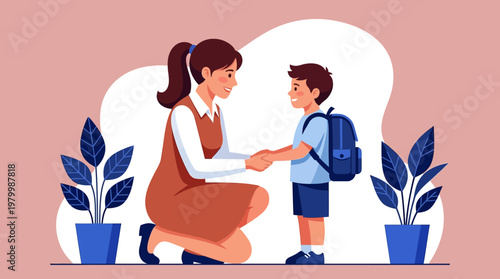 Mother Encouraging Son on His First Day of School Vector Illustration - Parent and Child Back to School Concept with Backpack and Warm Support