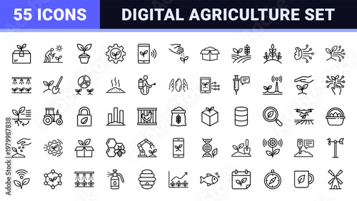 Minimalist smart farming and agritech outline icons for precision agriculture
