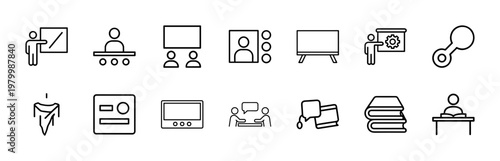 Educational seminar and professional training line icons