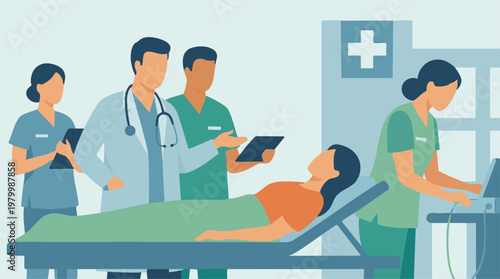 Medical team providing care and consultation to a patient in a hospital room