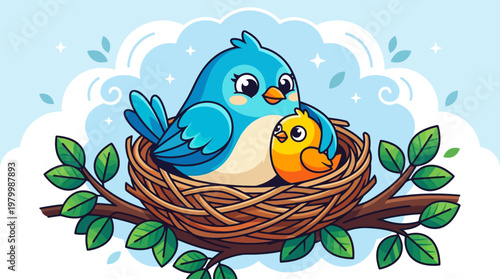 Adorable Cartoon Illustration of a Blue Mother Bird and Yellow Chick in a Nest on a Tree Branch with a Soft Cloud Background, Symbolizing Love and Care