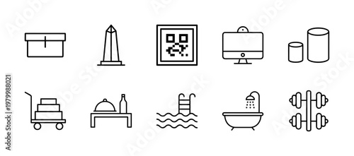 Minimalist hotel and travel service outline icons grid