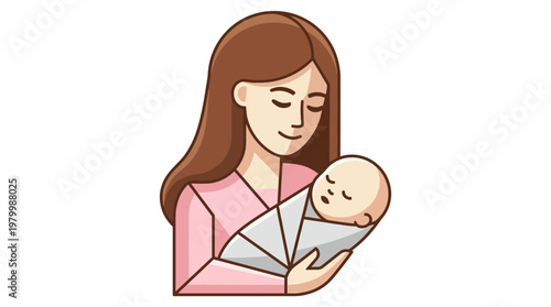 Flat Illustration of a Mother Holding Her Sleeping Newborn Baby