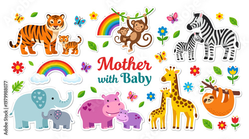 Cute Mother and Baby Wild Animal Sticker Set - Safari Jungle Family Illustrations