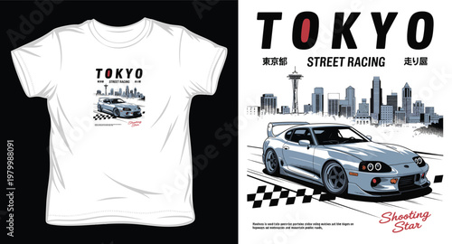 Silver sports car in front of Tokyo skyline, street racing theme with checkered flag.