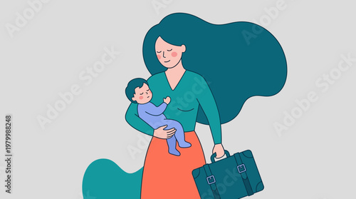 Working Mother Balancing Career and Family Life Illustration - Professional Woman Holding Baby with Business Briefcase