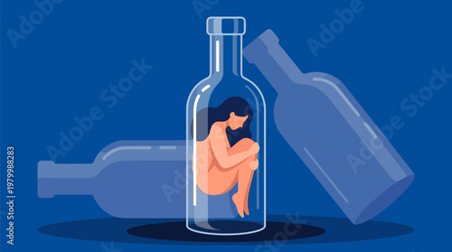 Alcohol Addiction and Loneliness Concept Illustration of a Woman Trapped Inside a Glass Bottle, Symbolic Vector Art on Mental Health and Isolation