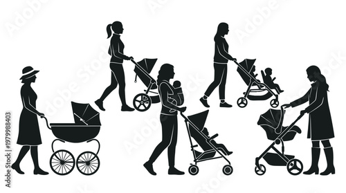 Vector Silhouettes of Mothers Walking with Different Baby Strollers, Prams, and Carriages Isolated on White