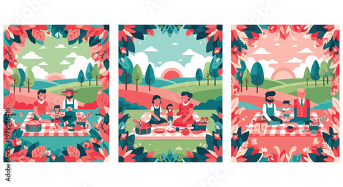 Flat vector illustration set of family picnic in nature, happy people eating on grass in summer park, outdoor leisure activity with 3 scenes