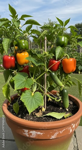 Vibrant Pepper Plant in Pot with Colorful Peppers.