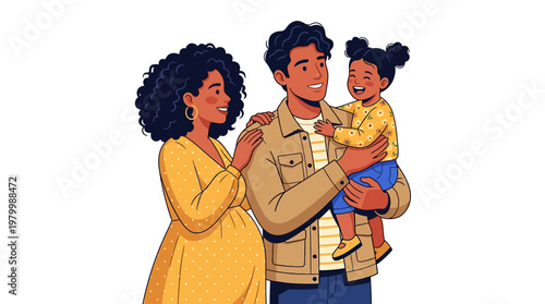 Happy Diverse Family Illustration: Pregnant Mother, Father, and Little Girl Isolated on White