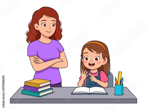 Teacher or Mother Helping Young Girl with Schoolwork; Little Girl Counting Fingers while Studying at Desk, Cartoon Vector Illustration
