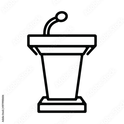 Simple black outline illustration of a podium with a microphone, ready for speeches