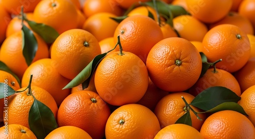 Vibrant Pile of Fresh Oranges with Green Leaves.