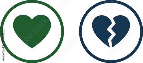Green solid heart and dark blue broken heart icons representing love and emotional separation states