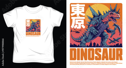 Japanese style dinosaur t-shirt design with futuristic robotic elements attacking city buildings with helicopters.