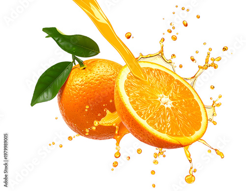 Fresh orange fruit and splash of juice against white