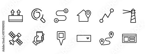 Minimalist navigation and map location line icons set