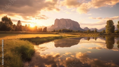 Experience the majestic tranquility of nature bathed in the golden glow of a setting sun.