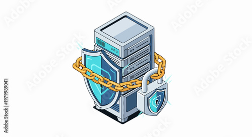 Server Security and Data Protection Isometric Illustration with Padlock, Golden Chain, and Shield