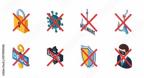 Cyber Security and Anti-Hacking Isometric Icon Set: Stop Malware, Phishing, DDoS, and DeFi Scams