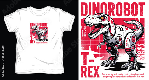 Futuristic t-rex robot graphic tee design with grid background.