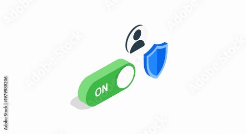Isometric 3D Data Privacy and Cybersecurity Security Settings with Toggle Switch, User Profile, and Protective Shield