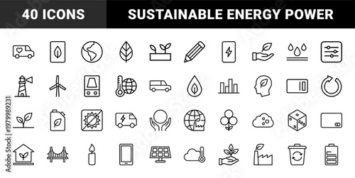 Minimalist eco friendly and green energy line icon set