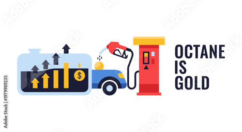 Fuel pump nozzle filling up car gas tank with rising graph and gold coin in bright colorful illustration for finance and economy