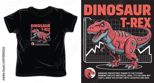 Dinosaur t-rex vector illustration, robotic prehistoric animal with graph and text background.