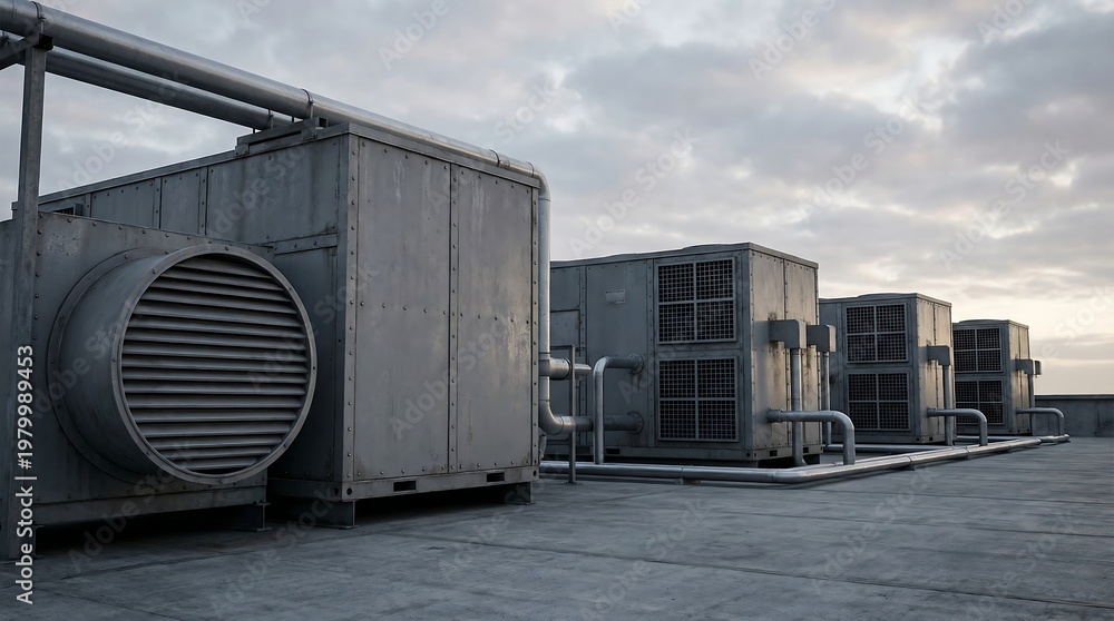 Fototapeta premium Rooftop hvac systems a view of industrial air conditioning units against a cloudy sky
