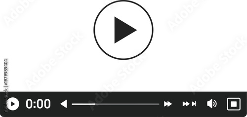 Minimalist media player interface with central play button and standard playback control bar for digital streaming