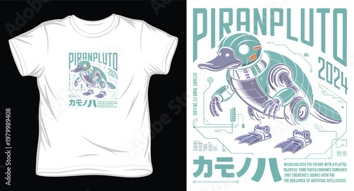 Cybernetic platypus robot with teal and purple accents, futuristic technology theme.