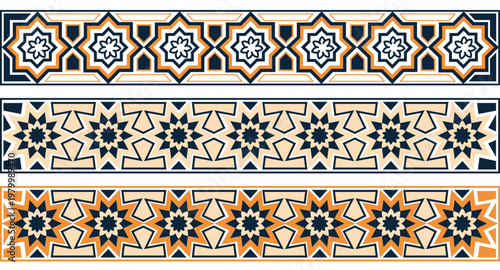 Collection of traditional arabic geometric patterns with star shapes and lines on isolated white background