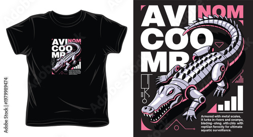 Cyberpunk robotic crocodile street wear design with futuristic tech elements and bold typography for t-shirt print.