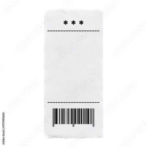 Blank white receipt with three asterisks and dashed line above a barcode on a white background paper