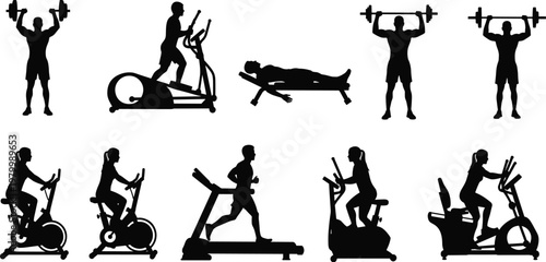 Golf player silhouette icons, sports action symbols, vector illustration, black design, minimal layout, athletic swing graphics