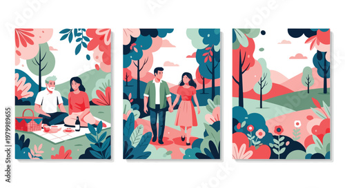 Flat vector illustration set of romantic couples in nature, outdoor picnic and walking date in park, scenic landscape posters with trees and flowers