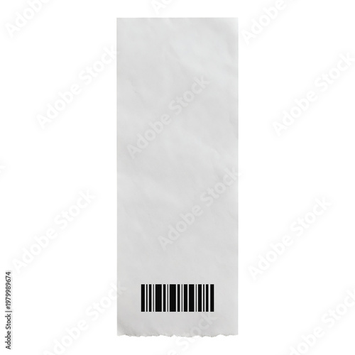 A blank white receipt paper with a black barcode printed at the bottom edge against a white background with subtle paper texture and slight crinkles visible on the surface