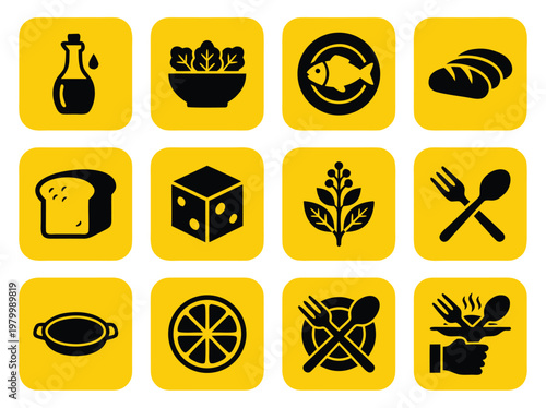 Set of twelve food and dining icons on yellow square buttons.