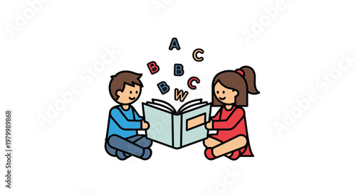 Two children reading a book together.