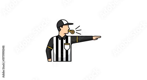 Referee pointing with whistle in mouth.