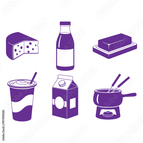 A collection of food items including cheese drinks and fondue in purple silhouette